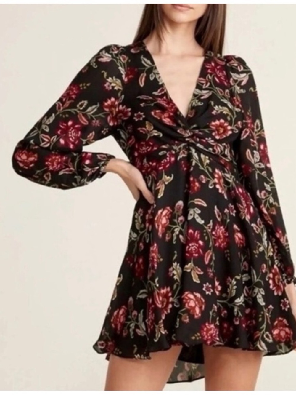 A.L.C Women’s Sz 2 Floral Silk Mini Dress Annette Long Puff Sleeve V-Neck